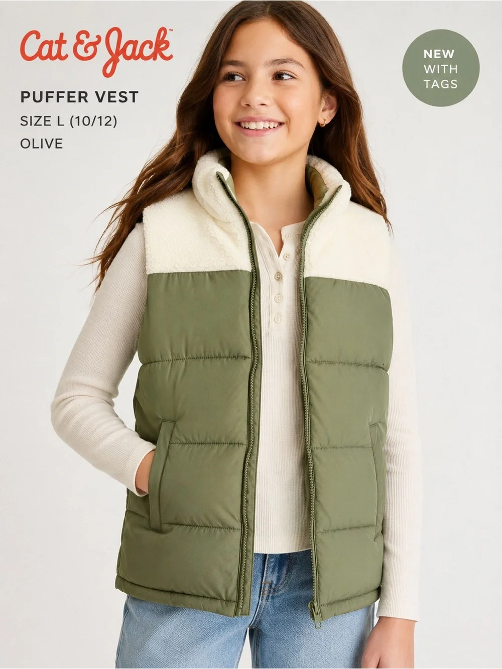 NWT Cat & Jack Olive Sherpa Yoke Puffer Vest Kids L 10/12 Green Winter